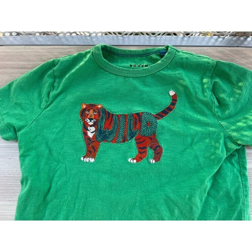 Mini Boden Kids Animal Printed Cotton T-Shirt in Aloe Green Tiger 11-12Y
